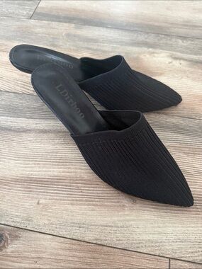 Black Pointed Knit Mule Slides for Women